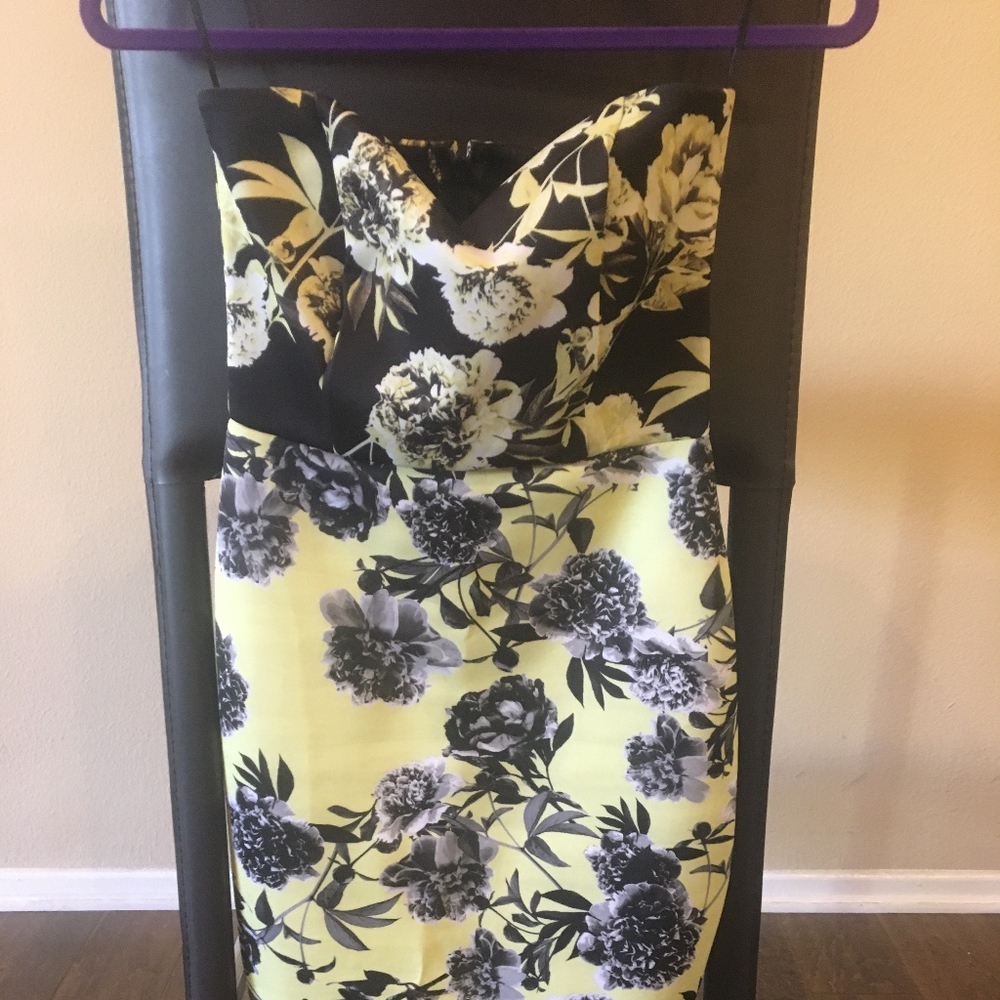 Strapless black and yellow pencil dress